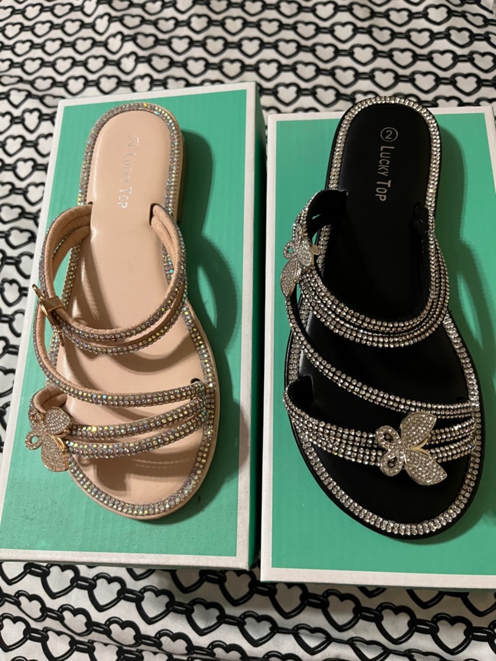 Girls' Rhinestone Butterfly Slide Sandals - Black and Nude